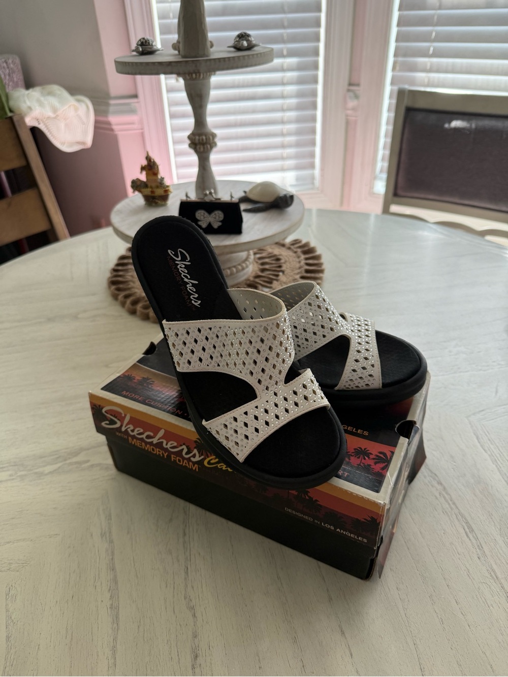 SKECHERS -  Women's White Bling Perforated Slide Sandals with Black Footbed 7.5